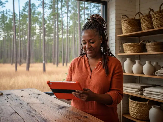 Boutique owner with long locs reviewing a tablet at a pine counter beside shelves of woven baskets and vases